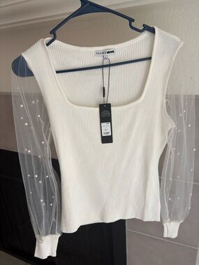 Fashion Nova Women's White Ribbed Tank with Sheer Pearl-Sleeves